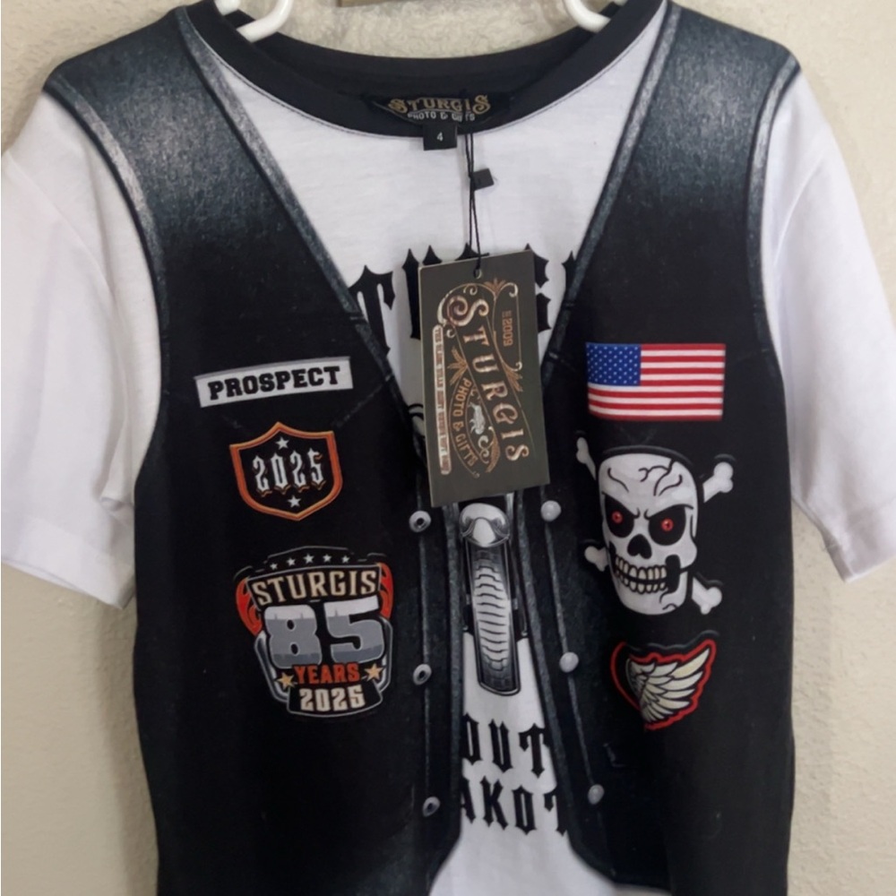 Kids White Short-Sleeve Graphic Tee with Black Vest Print